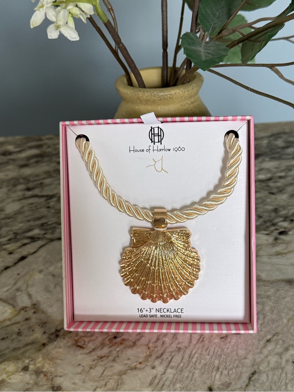 House of Harlow 1960 Gold Seashell Pendant Ivory Rope Necklace NIB